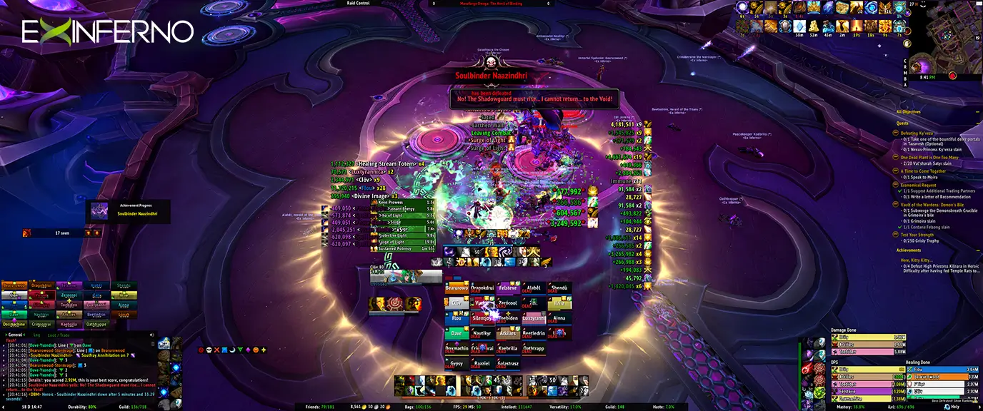 Team Purple raid team defeating Heroic Souldbinder Naazindhri in The War Within expansion
