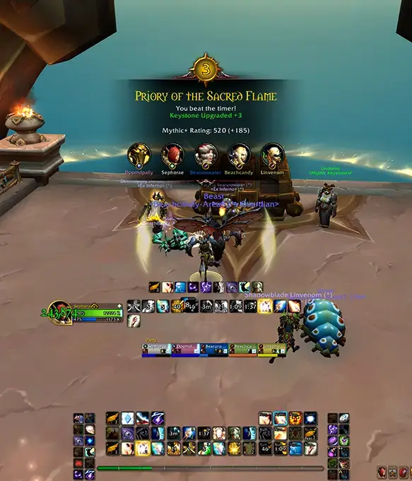 Team Purple community members running Mythic+ dungeons with alts