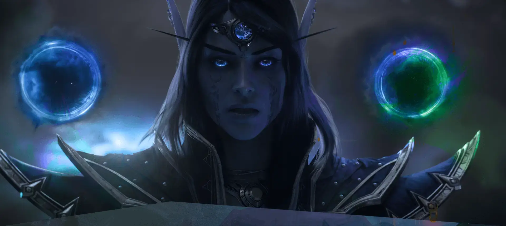 Xal'atath, the primary villain of World of Warcraft: Midnight, looming in shadow